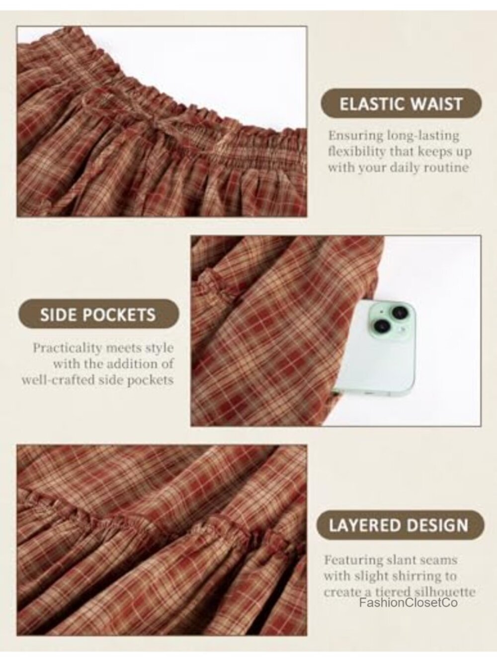 Long Plaid A-Line Maxi Skirt with Pockets Elastic Waist Renaissance - Picture 5 of 6